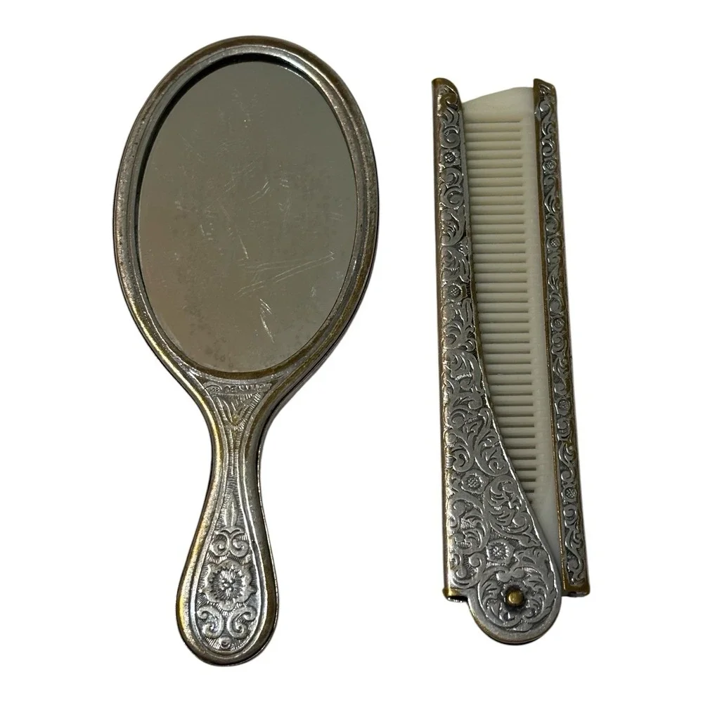 Vintage Silver Tone Mini Hand Mirror Folding Comb Set Floral Engraved Vanity